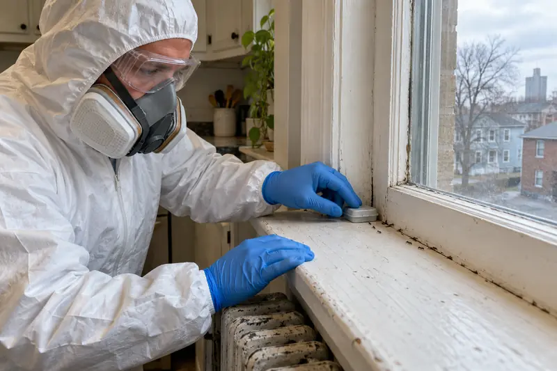 Technician placing ant bait at the corner of a kitchen window sill above a radiator