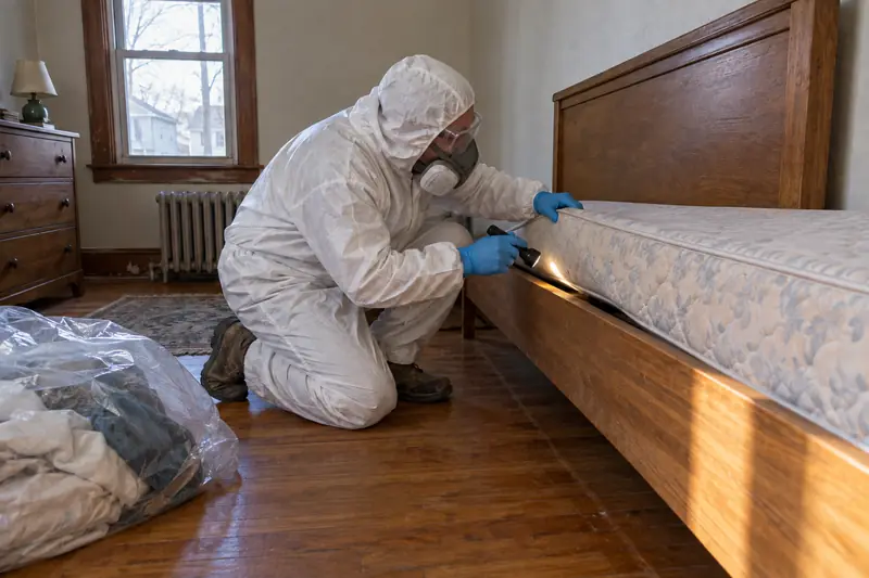 Technician checking a mattress seam and bed frame for bed bugs, with the bedding bagged on the floor