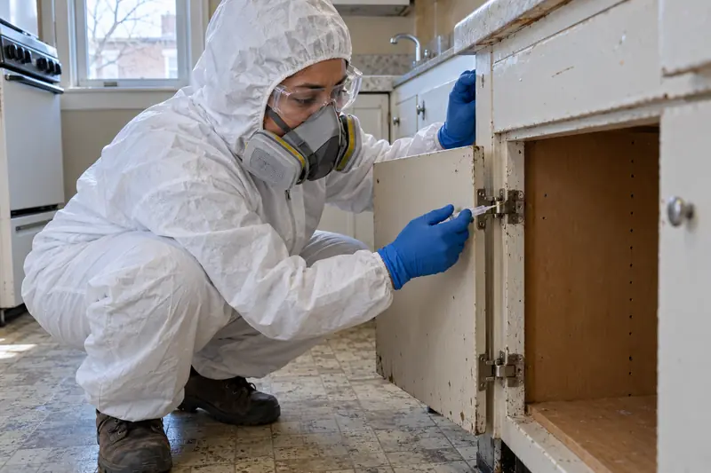 Technician applying cockroach gel bait at the hinge of an emptied kitchen cabinet