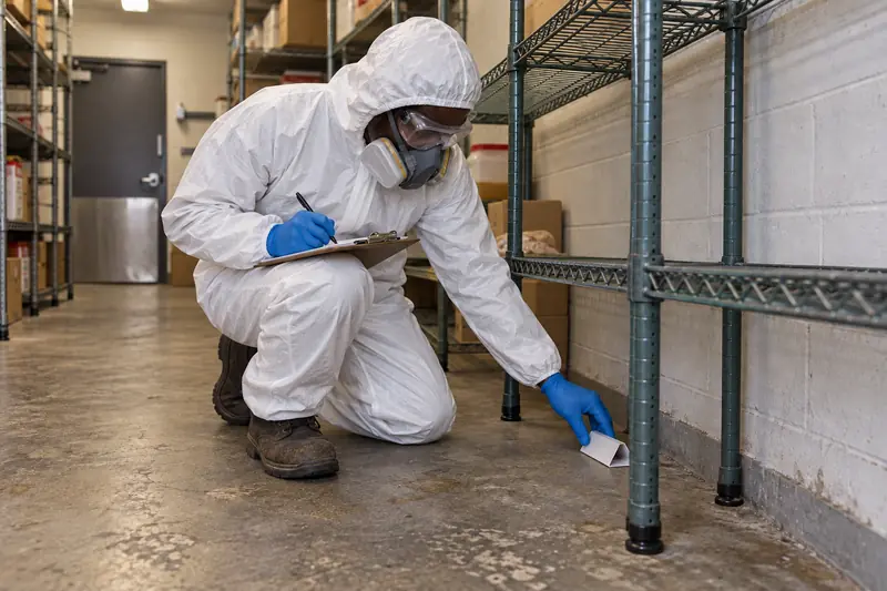 Technician writing in a service log beside a pest monitor in a restaurant storage room
