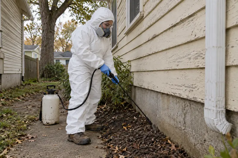 Technician treating the soil line along the foundation of a wood-sided Toledo house