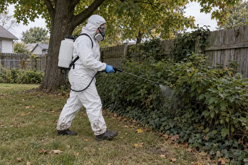 Technician with a backpack sprayer treating shady shrubs along a backyard fence for mosquitoes