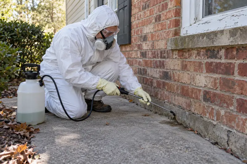 Pest control technician in a white protective suit and respirator spraying along the brick foundation of an older Toledo house