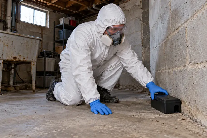 Technician placing a covered rodent trap station along the block wall of a Toledo basement