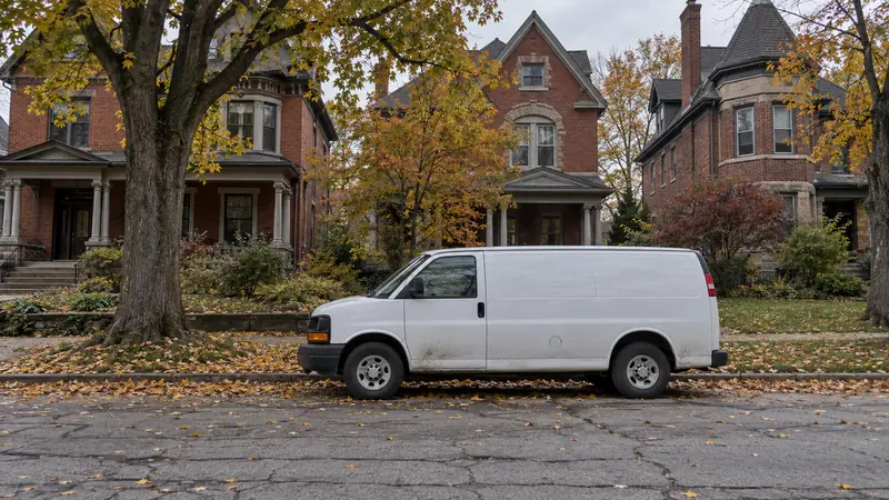 Plain white service van parked on a tree-lined street of brick Victorian homes in the Old West End of Toledo