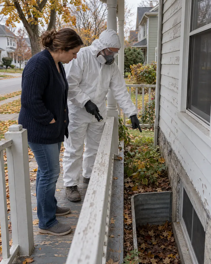 Technician and homeowner looking at a basement window well beside the porch of a Toledo house