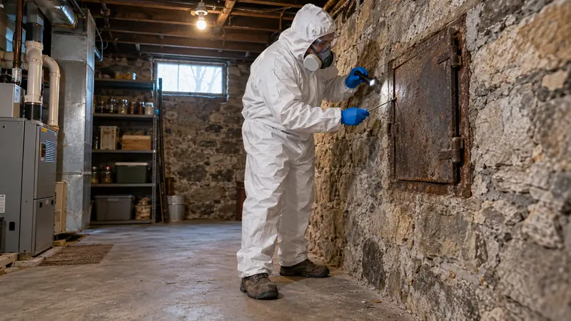 Technician inspecting an old coal chute door in the fieldstone wall of a Toledo basement