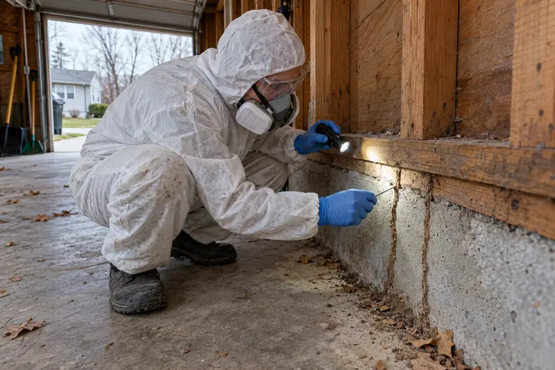 Technician using a flashlight to inspect termite mud tubes on a garage foundation wall