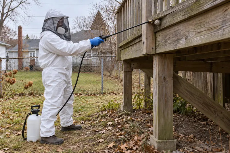 Technician in a bee veil treating a wasp nest under a backyard deck with a long applicator